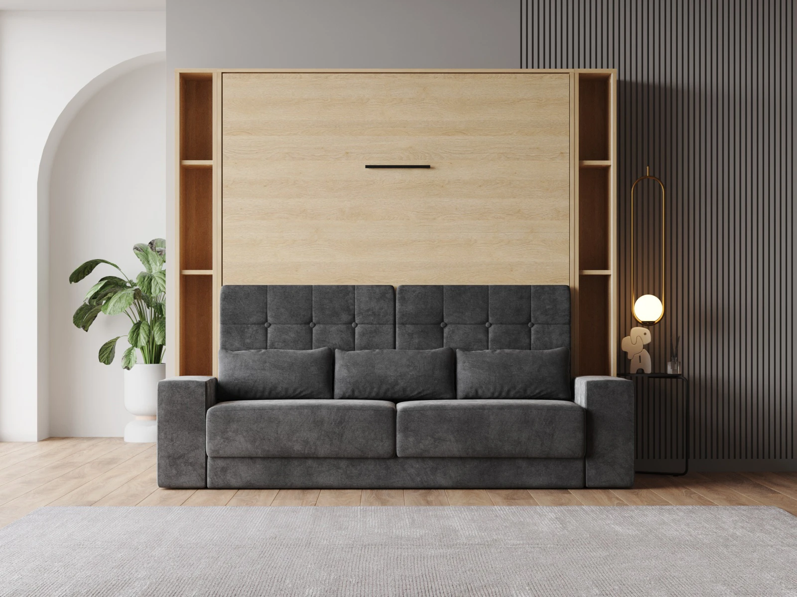 1 SMARTBett Zestaw szafa łóżko z SOFA M1 140x200 Dąb Kaiserberg + 2 półki stojące z LED