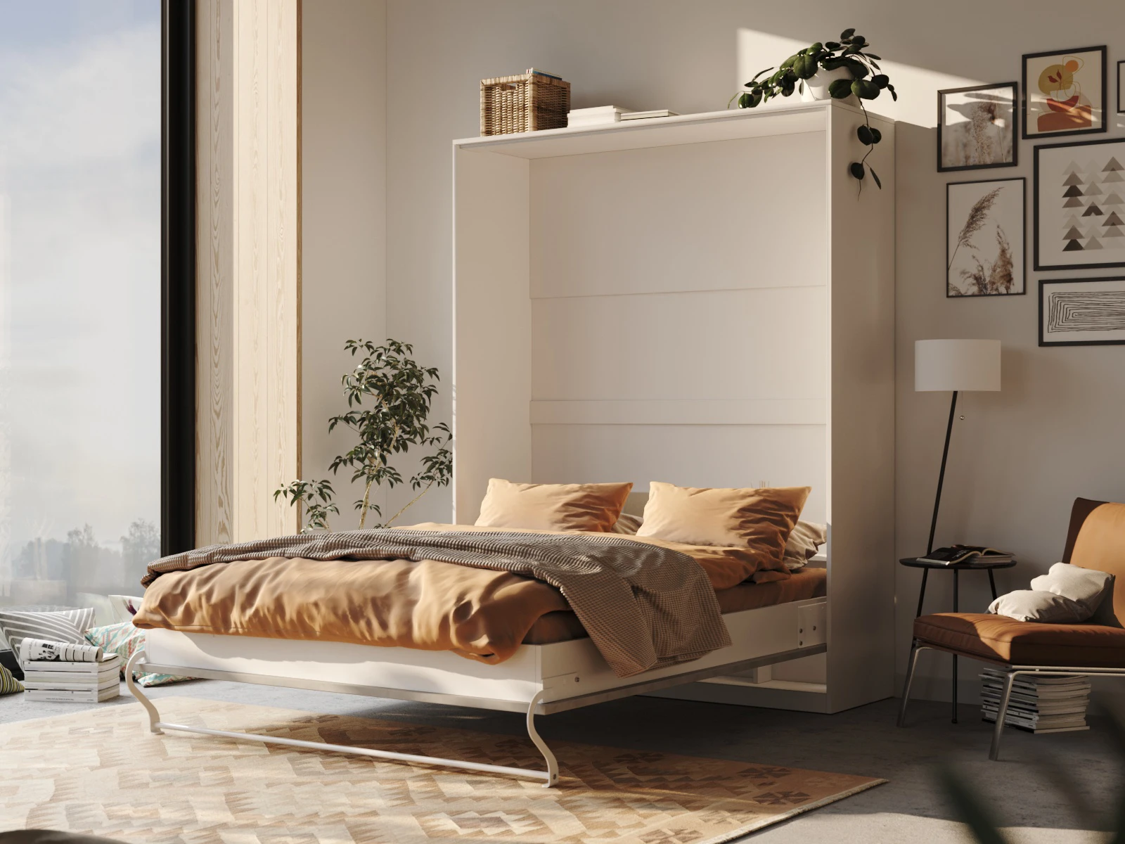 Łóżko w szafie 160x200 Pionowe (Standard 55 cm głębokość) Biały / Beton picture 2