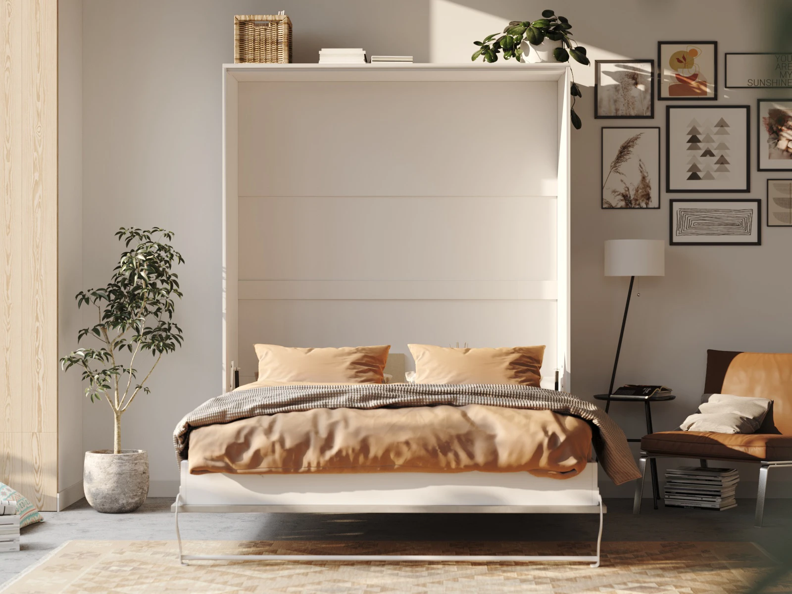 Łóżko w szafie 160x200 Pionowe (Standard 55 cm głębokość) Biały / Beton picture 4
