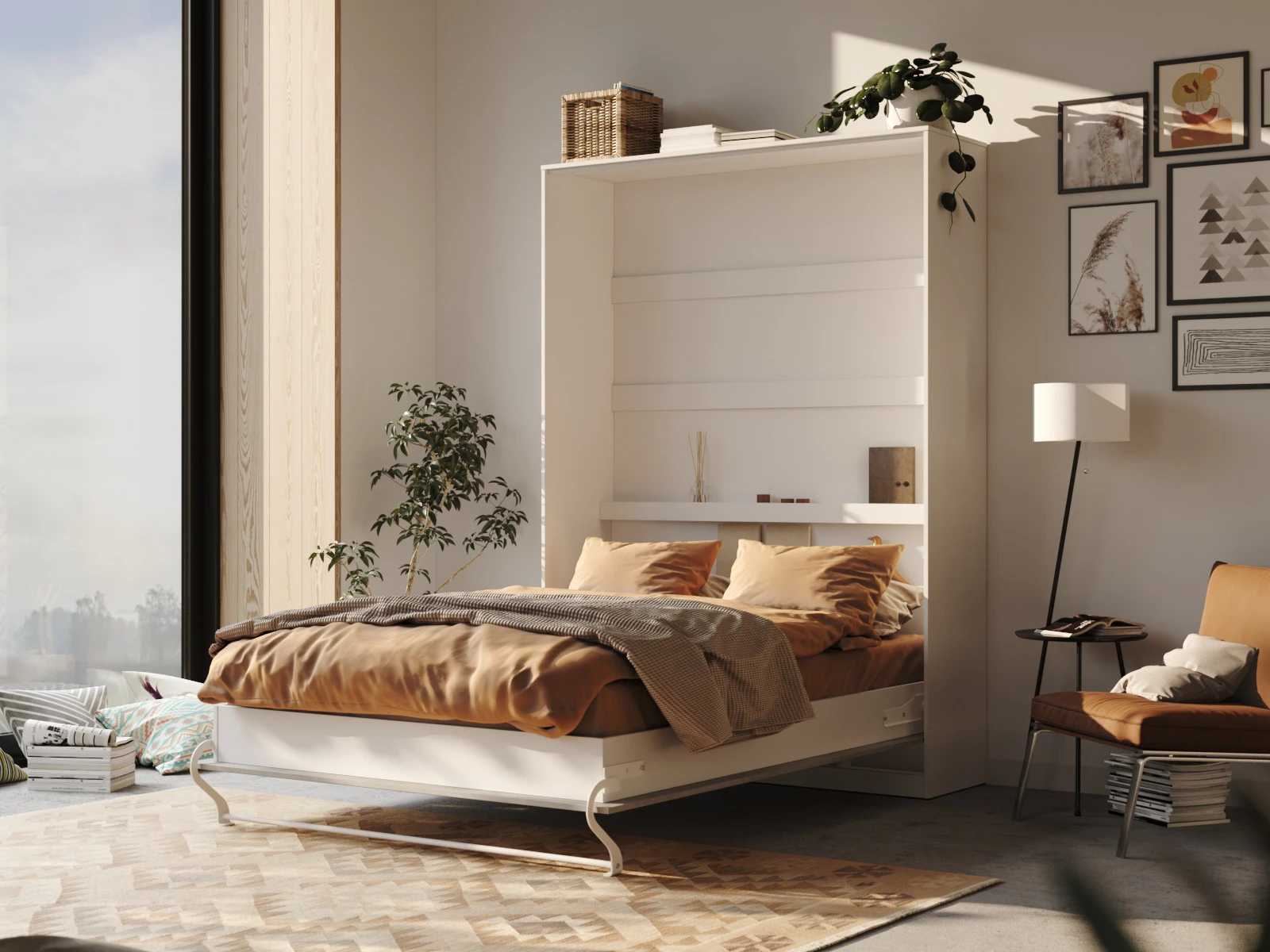 2 Łóżko w szafie 140x200 Pionowe (Standard 45 cm głębokość) Biały / Beton