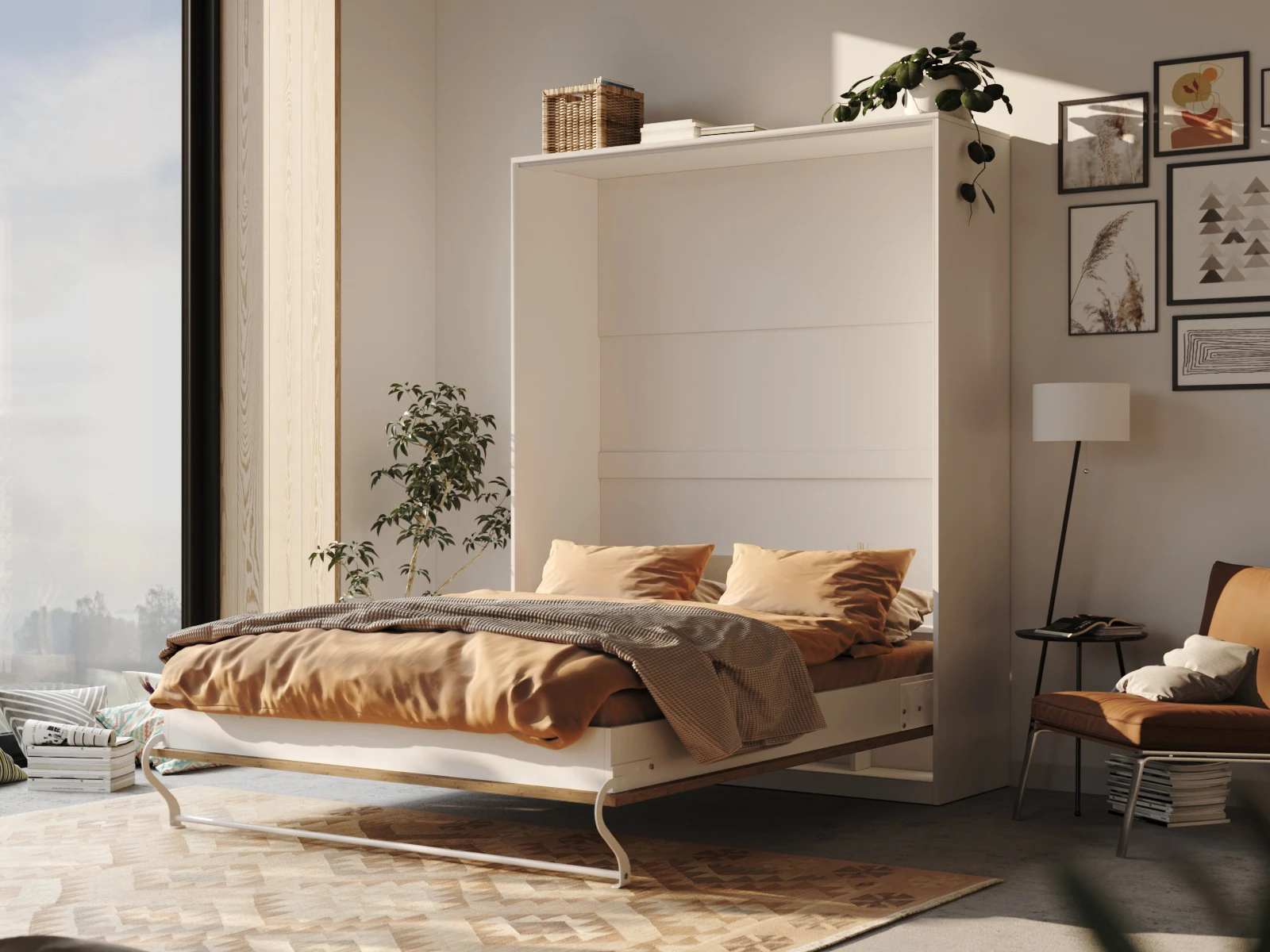2 Łóżko w szafie 160x200 Pionowe (Standard 55 cm głębokość) Biały / Dziki Dąb