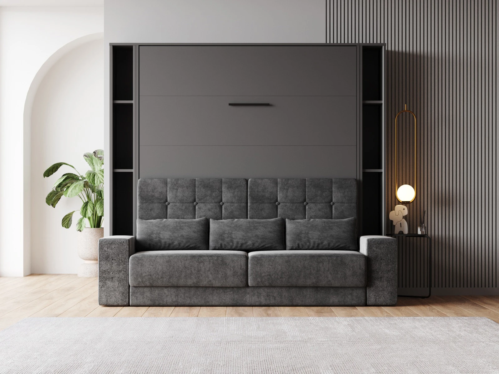 1 SMARTBett Zestaw szafa łóżko z SOFA M1 140x200 Antracyt + 2 półki stojące z LED