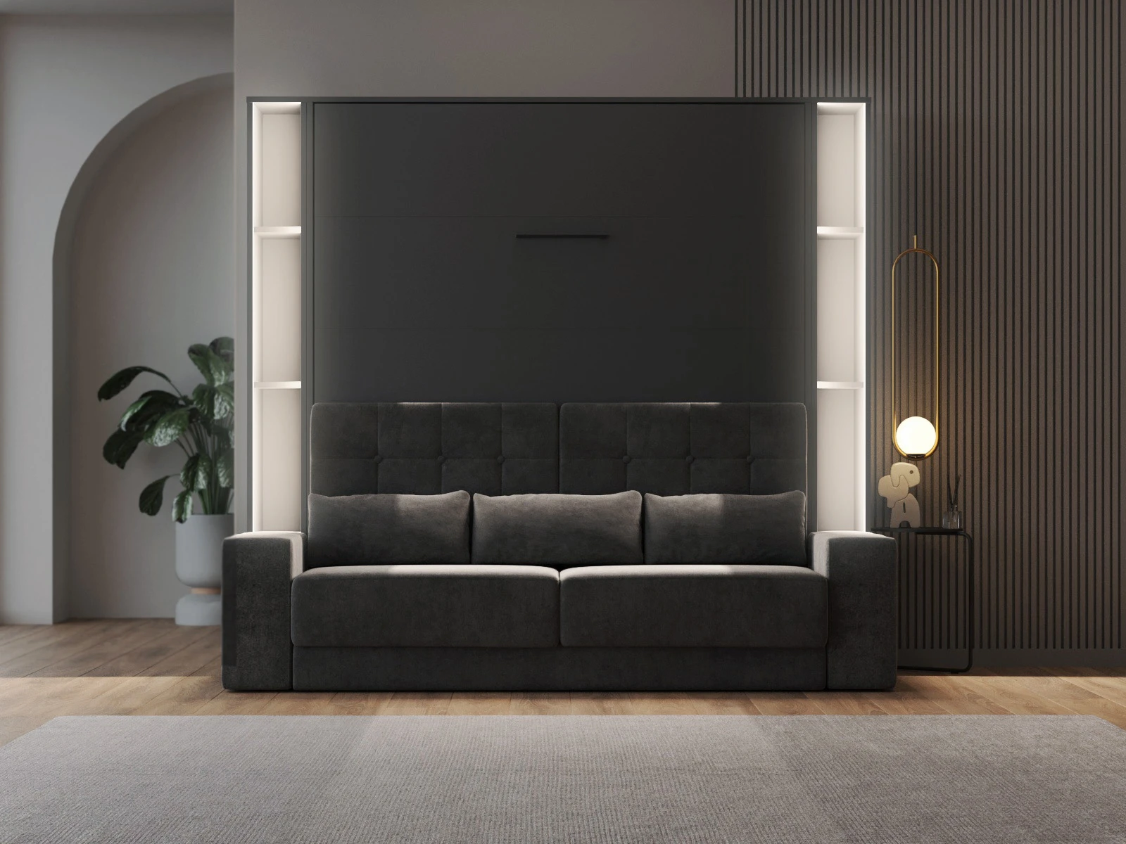 2 SMARTBett Zestaw szafa łóżko z SOFA M1 140x200 Antracyt + 2 półki stojące z LED