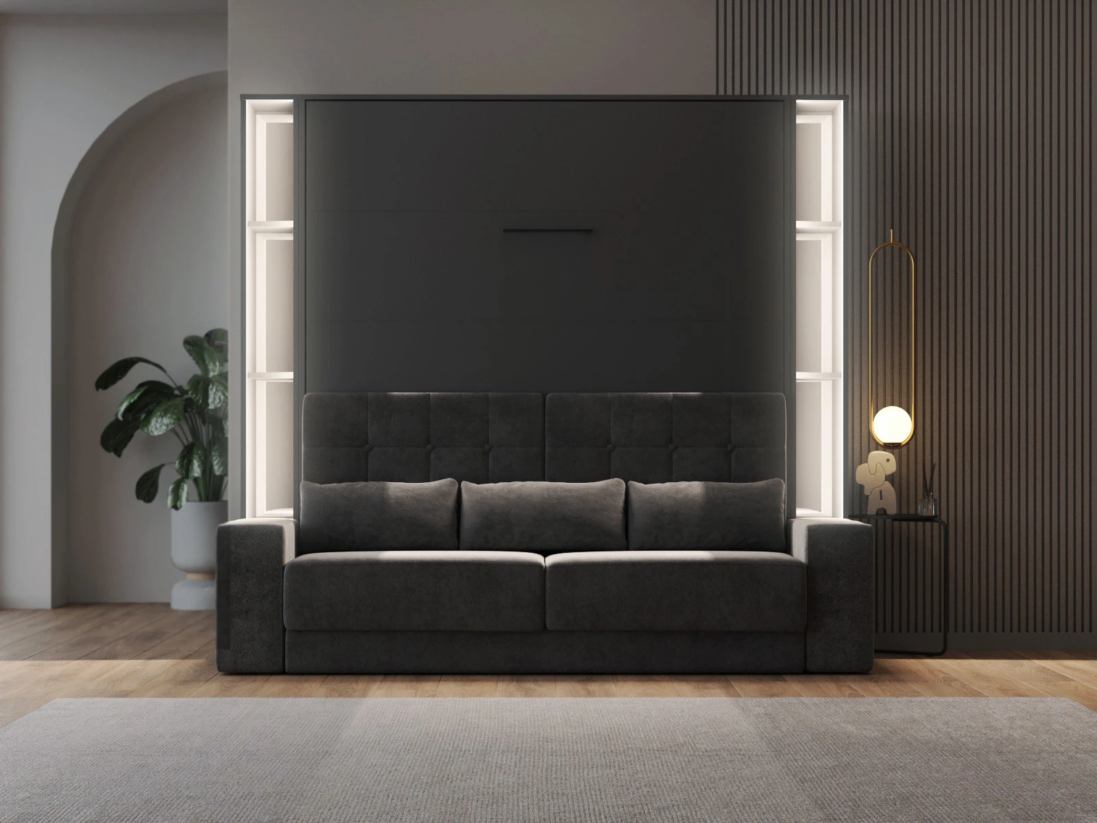 2 SMARTBett Zestaw szafa łóżko z SOFA M1 160x200 Antracyt + 2 półki stojące z LED