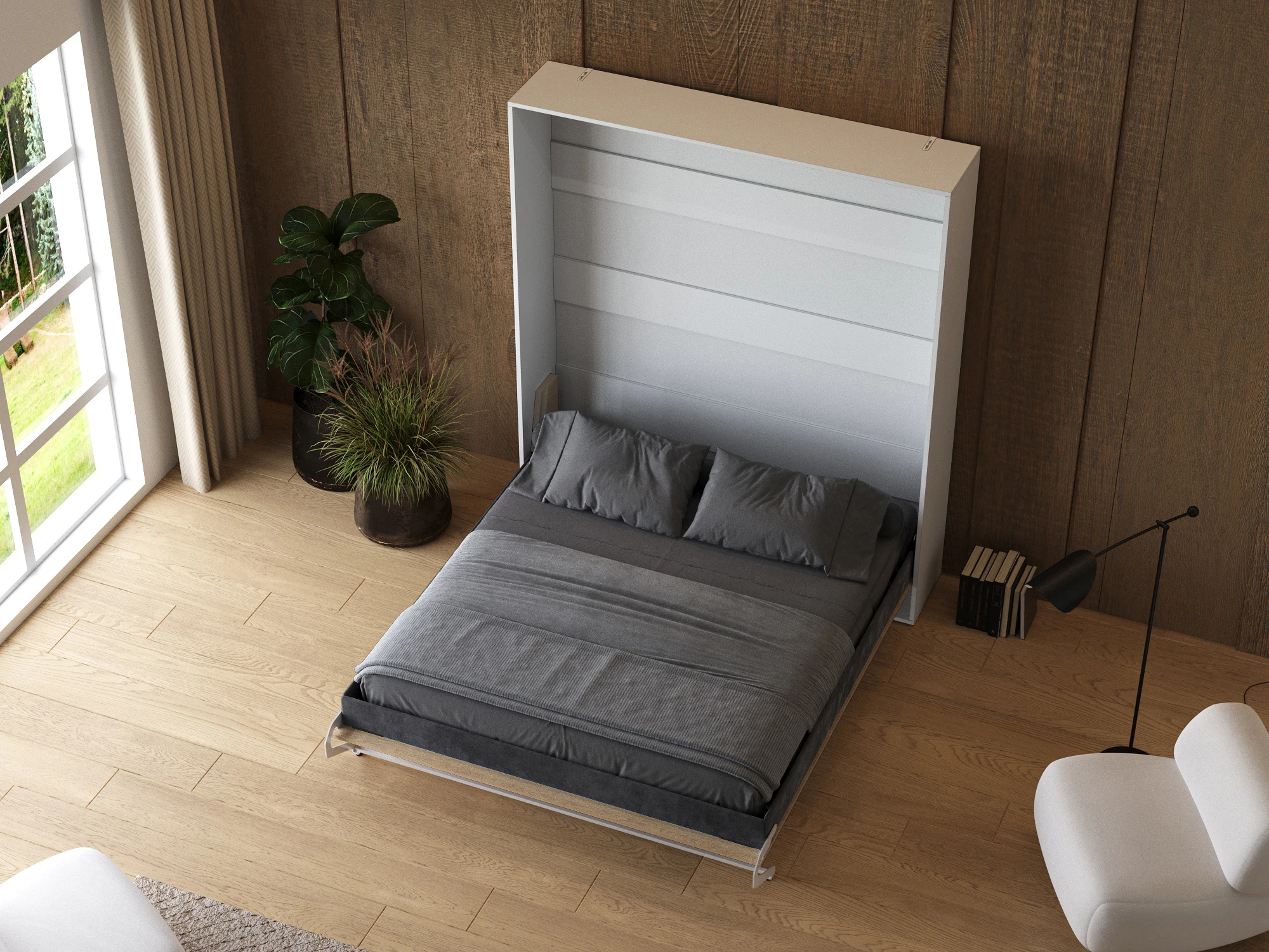 Łóżko w szafie 180x200 Pionowe (M1) Biały / Kaiser Dąb z Tapicerowaną ramą picture 7