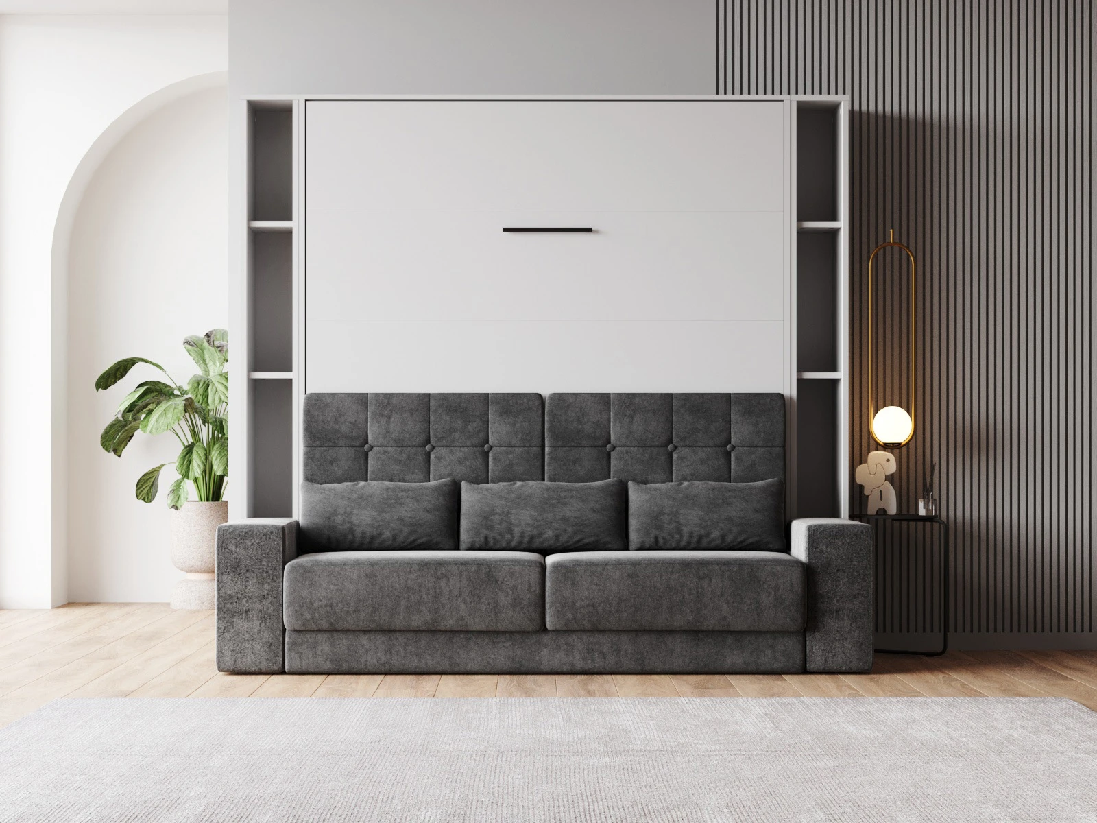 1 SMARTBett Zestaw szafa łóżko z SOFA M1 160x200 Szary perłowy + 2 półki stojące z LED