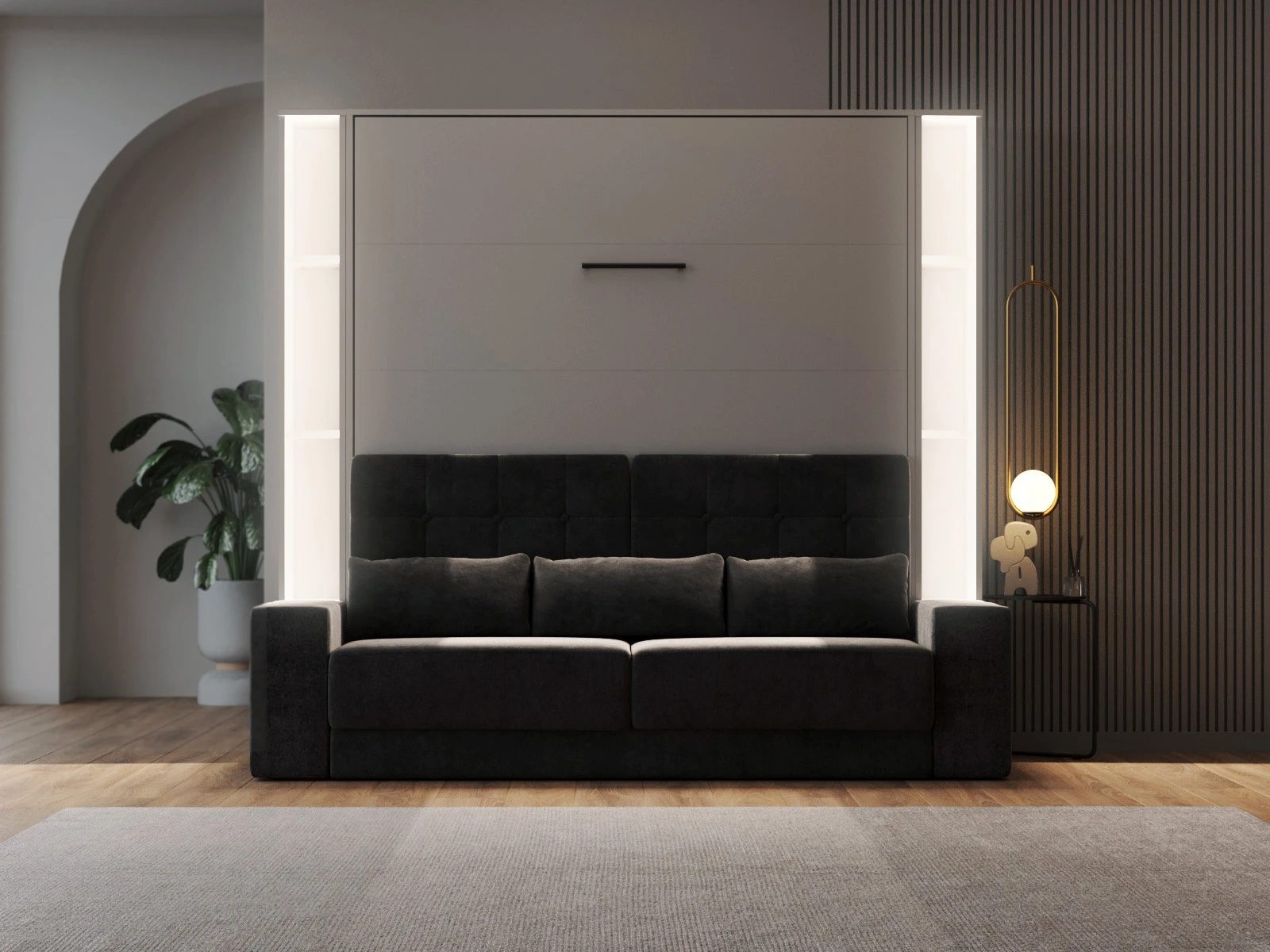 2 SMARTBett Zestaw szafa łóżko z SOFA M1 160x200 Szary perłowy + 2 półki stojące z LED