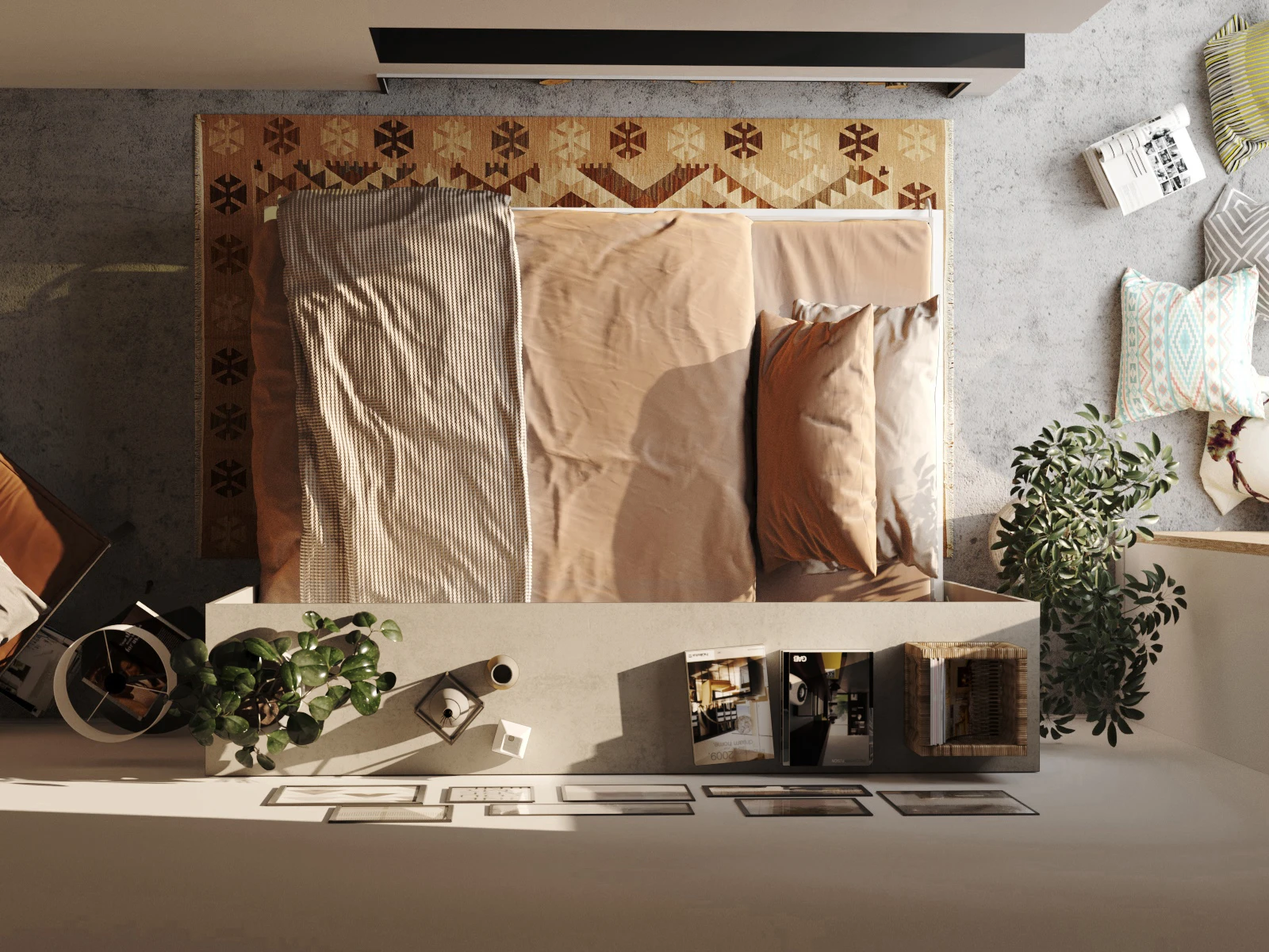 Łóżko w szafie 140x200 Poziome (Standard 45 cm głębokość) Beton / Biały Połysk picture 8